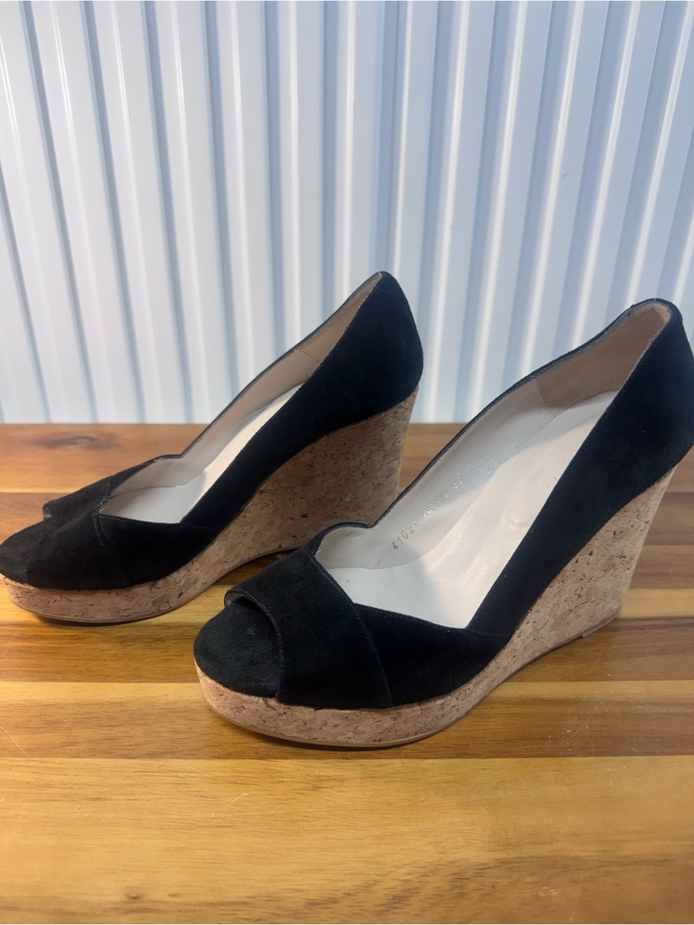 Boden size 6.5 Black Suede Cork Wedge Peep-Toe cork wedge preppy